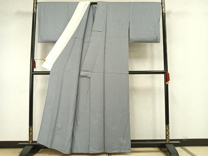 平和屋着物▽上質な色無地 単衣 吉祥花地紋 灰青色 正絹 逸品 AAAZ1684fy