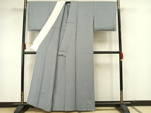 平和屋着物▽上質な色無地 単衣 吉祥花地紋 灰青色 正絹 逸品 AAAZ1684fy