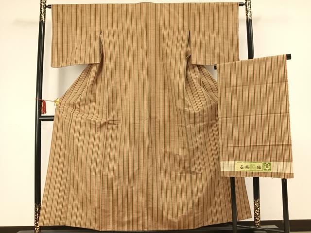 平和屋着物▽上質な紬 単衣 縞 反端付き 正絹 逸品 AAAZ1690fy