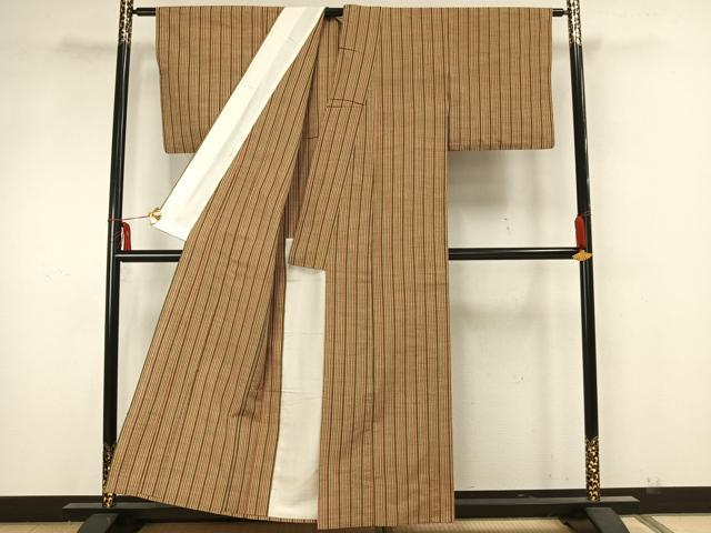 平和屋着物▽上質な紬 単衣 縞 反端付き 正絹 逸品 AAAZ1690fy