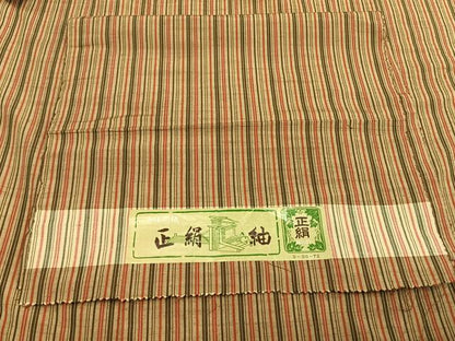 平和屋着物▽上質な紬 単衣 縞 反端付き 正絹 逸品 AAAZ1690fy