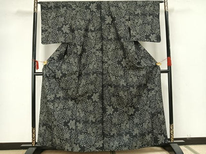 平和屋着物▽本場大島紬 単衣 草花文 黒地 正絹 逸品 AAAZ1697fy