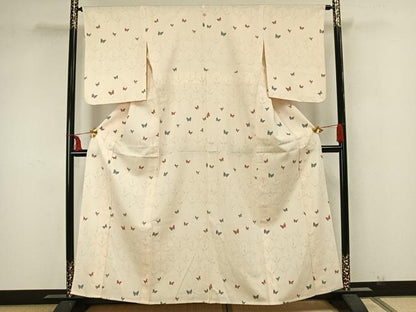 平和屋着物▽上質な小紋 単衣 紬地 舞蝶文 正絹 逸品 AAAZ1698fy