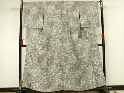 平和屋着物▽上質な小紋 単衣 切嵌花文 正絹 逸品 AAAZ1701fy