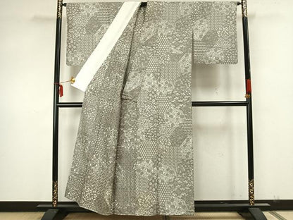 平和屋着物▽上質な小紋 単衣 切嵌花文 正絹 逸品 AAAZ1701fy