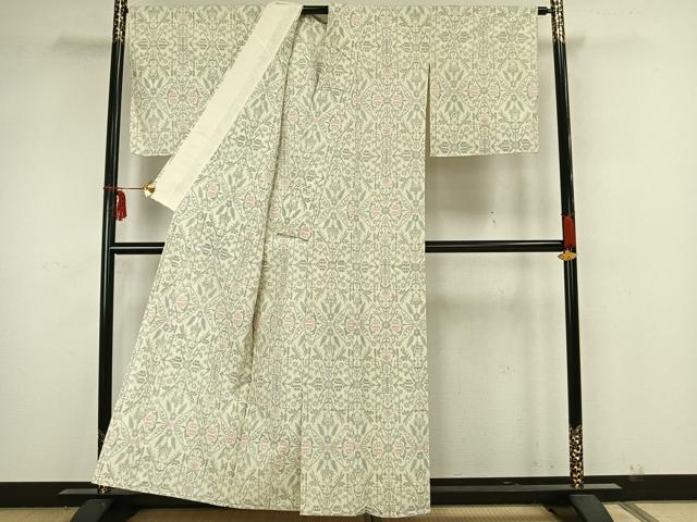 平和屋着物▽上質な紬 単衣 幾何学花文 正絹 逸品 AAAZ1709fy