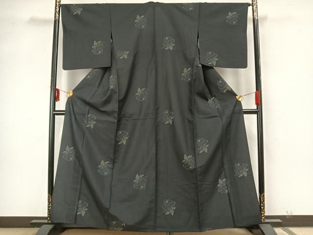 平和屋着物▽上質な紬 単衣 草花文 黒地 正絹 逸品 AAAZ1719fy