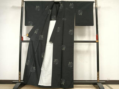 平和屋着物▽上質な紬 単衣 草花文 黒地 正絹 逸品 AAAZ1719fy