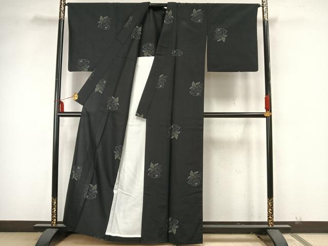 平和屋着物▽上質な紬 単衣 草花文 黒地 正絹 逸品 AAAZ1719fy