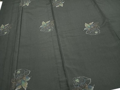 平和屋着物▽上質な紬 単衣 草花文 黒地 正絹 逸品 AAAZ1719fy