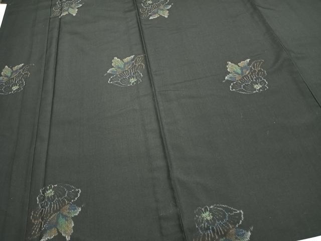 平和屋着物▽上質な紬 単衣 草花文 黒地 正絹 逸品 AAAZ1719fy