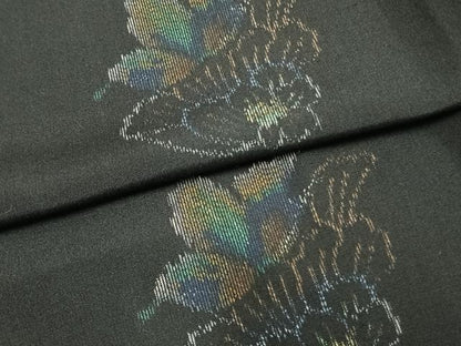 平和屋着物▽上質な紬 単衣 草花文 黒地 正絹 逸品 AAAZ1719fy