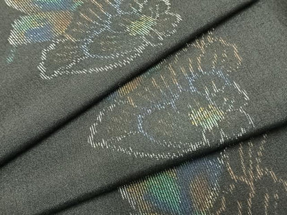 平和屋着物▽上質な紬 単衣 草花文 黒地 正絹 逸品 AAAZ1719fy