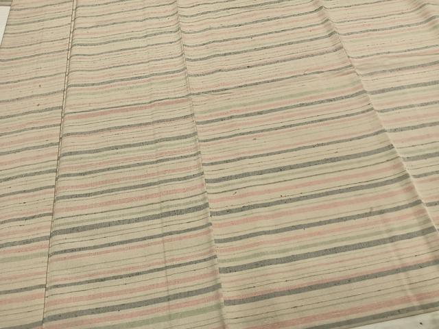 平和屋着物▽上質な紬 単衣 横縞 正絹 逸品 AAAZ1721fy