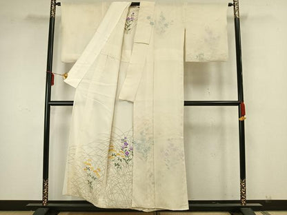 平和屋着物▽訪問着 無双 紗袷 紗×絽 手描き 草花文 金糸 正絹 逸品 AAAZ1736fy