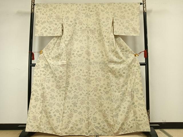 平和屋着物▽上質な紬 単衣 草花文 正絹 逸品 AAAZ1749fy
