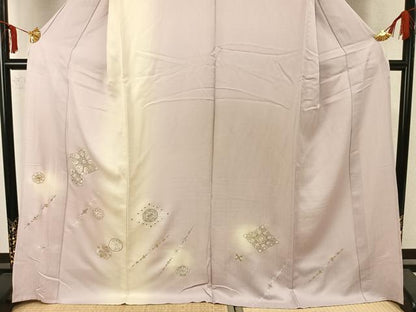 平和屋着物▽訪問着　単衣　刺繍　吉祥花文　暈し染め　金銀糸　正絹　逸品　AAAZ1760fy