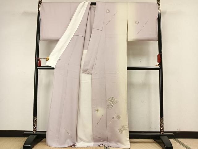 平和屋着物▽訪問着　単衣　刺繍　吉祥花文　暈し染め　金銀糸　正絹　逸品　AAAZ1760fy