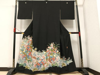 平和屋着物●本加賀友禅作家 奥原一就 黒留袖 花鳥文 正絹 逸品 AAAZ1775ph