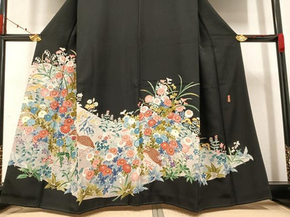 平和屋着物●本加賀友禅作家 奥原一就 黒留袖 花鳥文 正絹 逸品 AAAZ1775ph