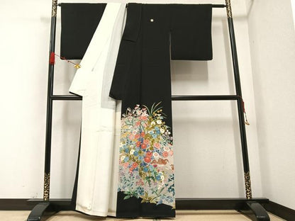 平和屋着物●本加賀友禅作家 奥原一就 黒留袖 花鳥文 正絹 逸品 AAAZ1775ph