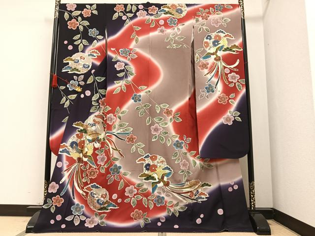 平和屋着物●豪華振袖　駒刺繍　鳳凰草花文　暈し染め　金彩　ロング丈　正絹　逸品　AAAZ1993ph