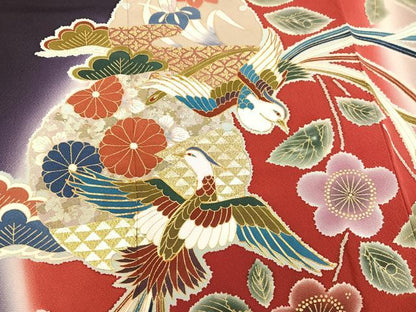 平和屋着物●豪華振袖　駒刺繍　鳳凰草花文　暈し染め　金彩　ロング丈　正絹　逸品　AAAZ1993ph