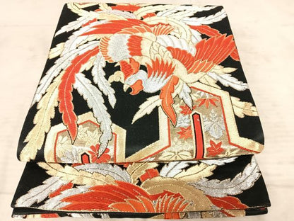 平和屋着物◎六通柄袋帯　唐織　鳳凰花文　黒地　金銀糸　正絹　逸品　AAAZ2121yx