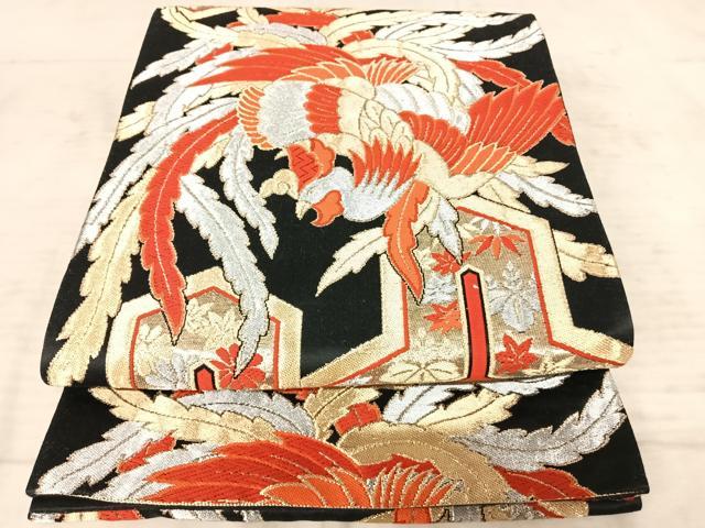 平和屋着物◎六通柄袋帯　唐織　鳳凰花文　黒地　金銀糸　正絹　逸品　AAAZ2121yx