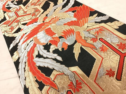 平和屋着物◎六通柄袋帯　唐織　鳳凰花文　黒地　金銀糸　正絹　逸品　AAAZ2121yx