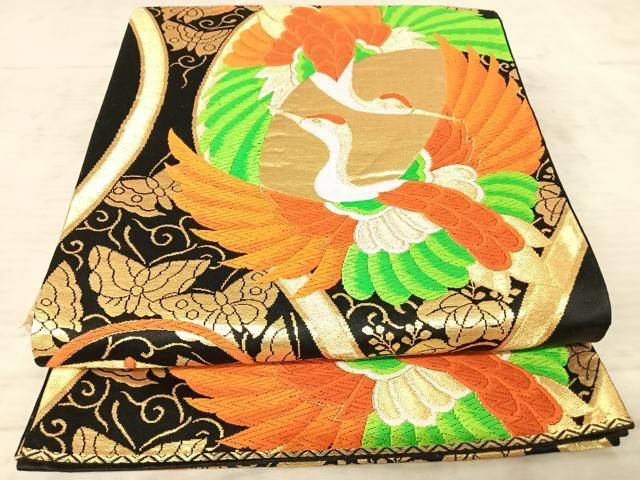 平和屋着物◎六通柄袋帯 唐織 鳥 蝶 鼓 黒地 金銀糸 正絹 逸品 AAAZ2152yx
