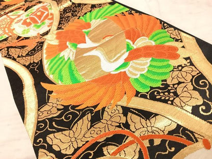 平和屋着物◎六通柄袋帯 唐織 鳥 蝶 鼓 黒地 金銀糸 正絹 逸品 AAAZ2152yx