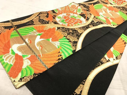 平和屋着物◎六通柄袋帯 唐織 鳥 蝶 鼓 黒地 金銀糸 正絹 逸品 AAAZ2152yx