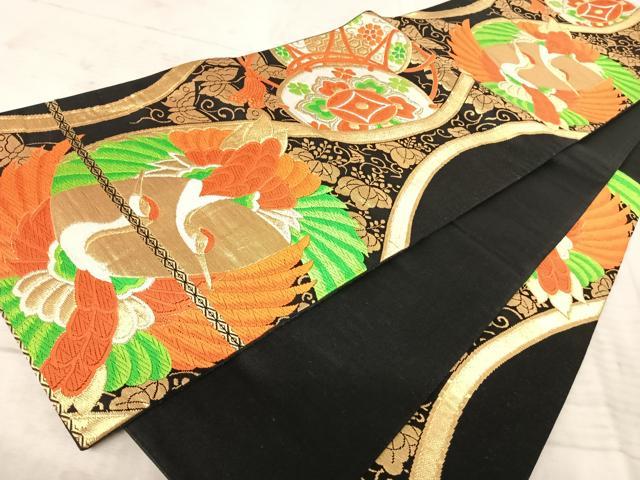 平和屋着物◎六通柄袋帯 唐織 鳥 蝶 鼓 黒地 金銀糸 正絹 逸品 AAAZ2152yx