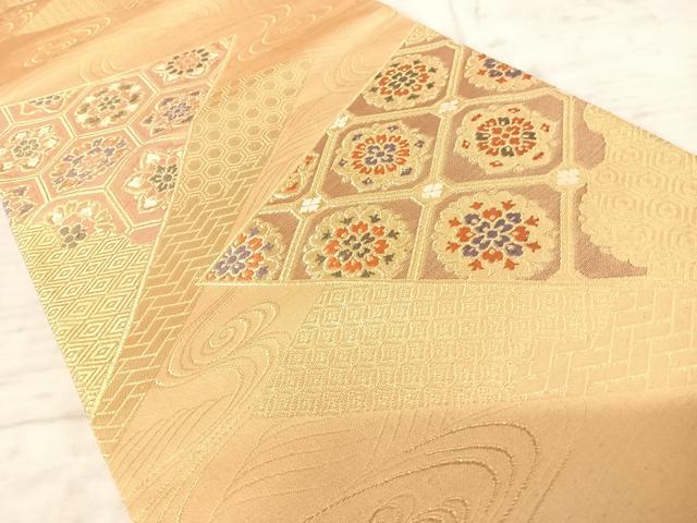 平和屋着物◎六通柄袋帯 唐織 亀甲花文 金糸 正絹 逸品 AAAZ2166yx