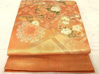 平和屋着物◎太鼓柄袋帯 手描き 天井花文 金彩 正絹 逸品 AAAZ2178yx