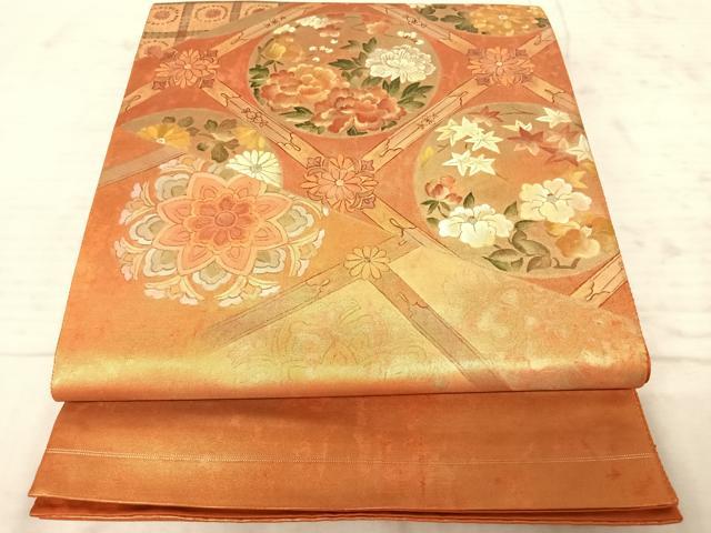平和屋着物◎太鼓柄袋帯 手描き 天井花文 金彩 正絹 逸品 AAAZ2178yx