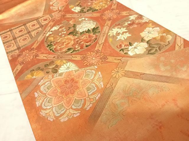 平和屋着物◎太鼓柄袋帯 手描き 天井花文 金彩 正絹 逸品 AAAZ2178yx