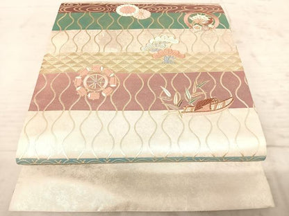 平和屋着物◎太鼓柄袋帯 駒刺繍 吉祥花文 金銀彩 正絹 逸品 AAAZ2179yx