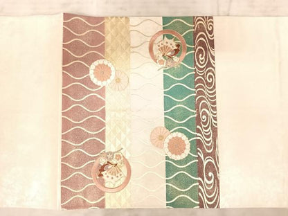 平和屋着物◎太鼓柄袋帯 駒刺繍 吉祥花文 金銀彩 正絹 逸品 AAAZ2179yx
