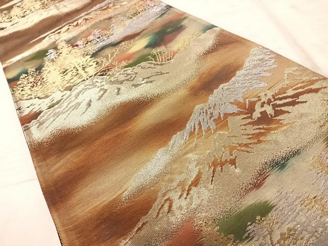 平和屋着物◎六通柄袋帯　遠山樹林文　金銀糸　引箔　正絹　逸品　AAAZ2207yx