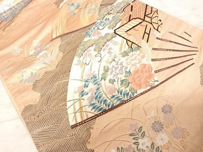 平和屋着物◎六通柄袋帯　唐織　扇面花文　金糸　正絹　逸品　AAAZ2211yx