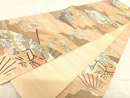 平和屋着物◎六通柄袋帯　唐織　扇面花文　金糸　正絹　逸品　AAAZ2211yx