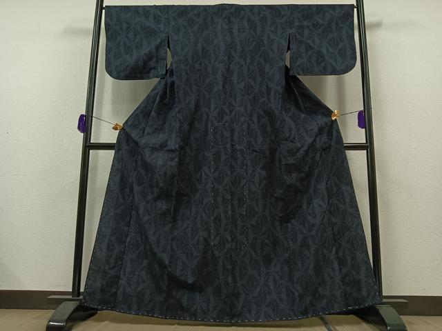 平和屋着物▽結城紬 単衣 麻の葉文様 正絹 逸品 AAAZ2321jh