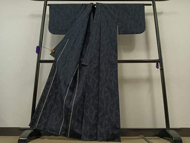 平和屋着物▽結城紬 単衣 麻の葉文様 正絹 逸品 AAAZ2321jh