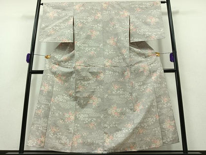 平和屋着物▽上質な紬　単衣　草花文　正絹　逸品　AAAZ2322jh