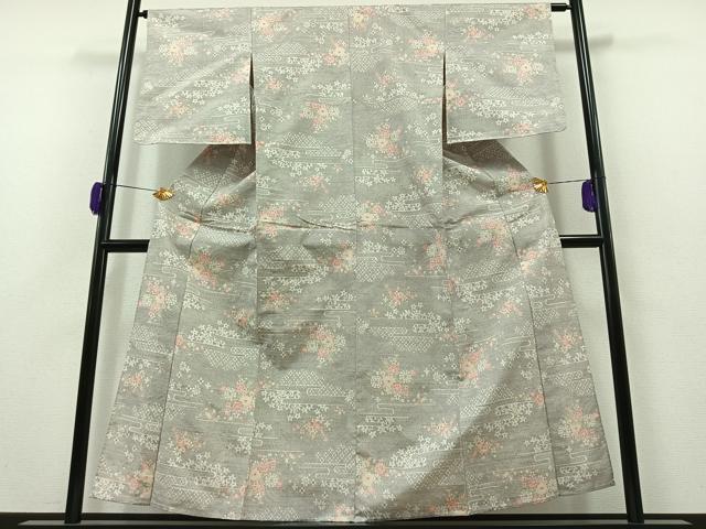 平和屋着物▽上質な紬　単衣　草花文　正絹　逸品　AAAZ2322jh