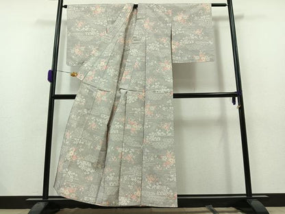 平和屋着物▽上質な紬　単衣　草花文　正絹　逸品　AAAZ2322jh