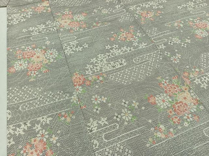 平和屋着物▽上質な紬　単衣　草花文　正絹　逸品　AAAZ2322jh