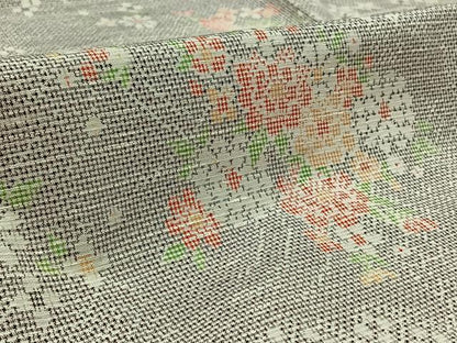 平和屋着物▽上質な紬　単衣　草花文　正絹　逸品　AAAZ2322jh